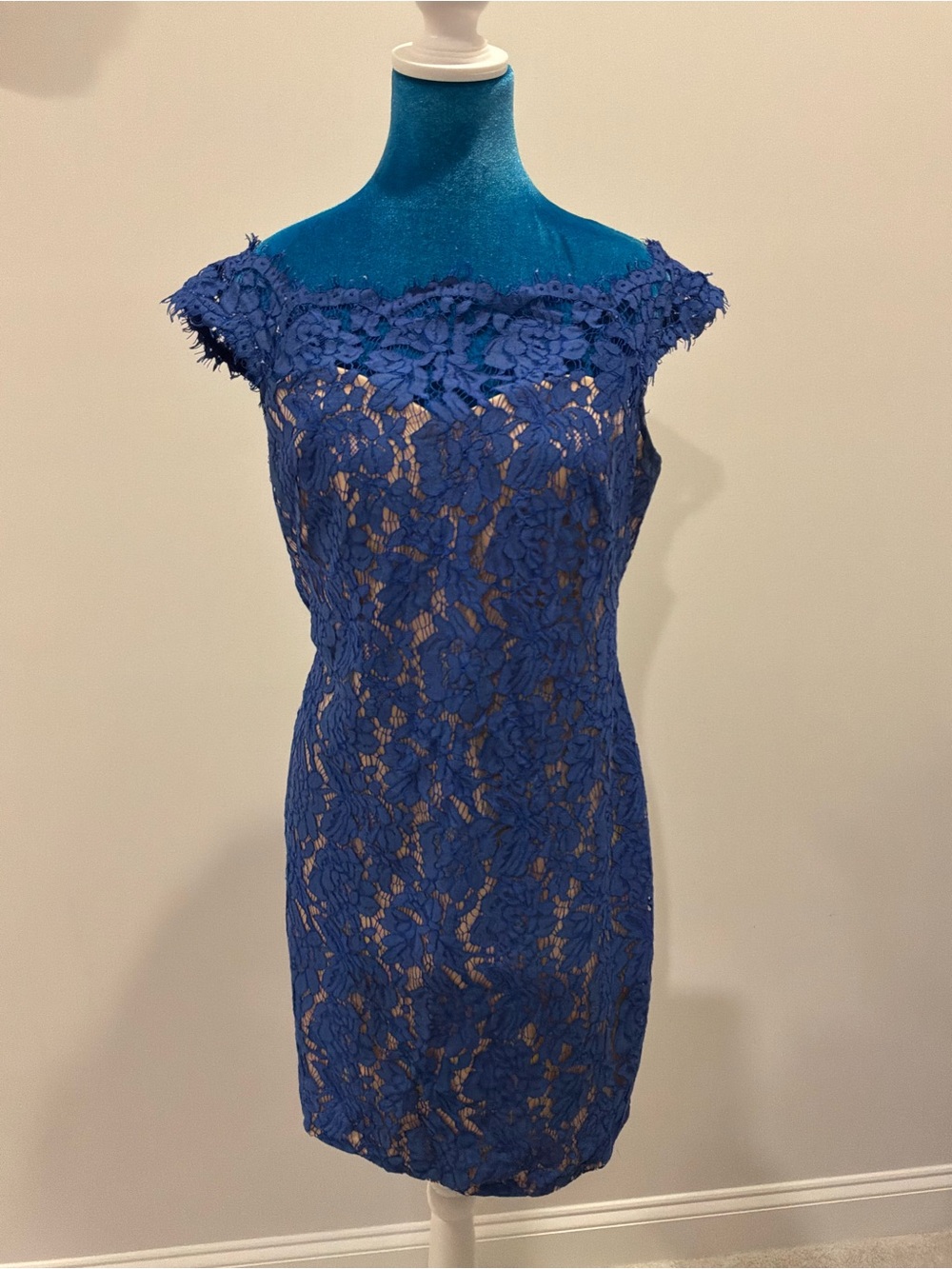 Xscape Royal Blue Lace Off-Shoulder Mini Dress
